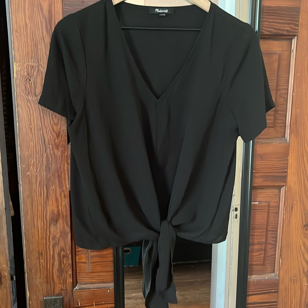 Madewell Woman's Sz Small Black Tie Front Short Sleeve Top V Neck Polyester
